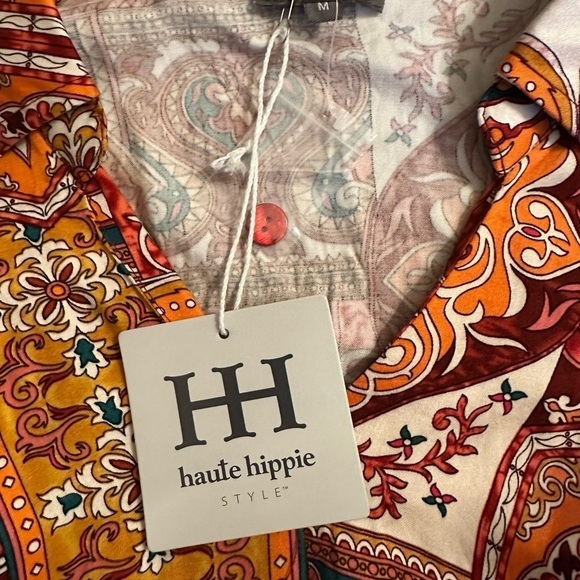 Haute Hippie boho bohemian blouse collar cropped elastic back medium NWT floral - Picture 2 of 7